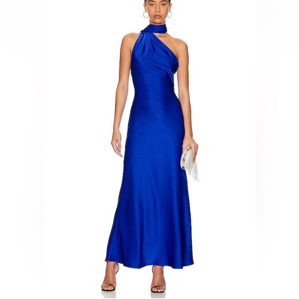 MISHA Alastair Satin Gown Electric Blue sash one shoulder satin maxi Revolve 6
